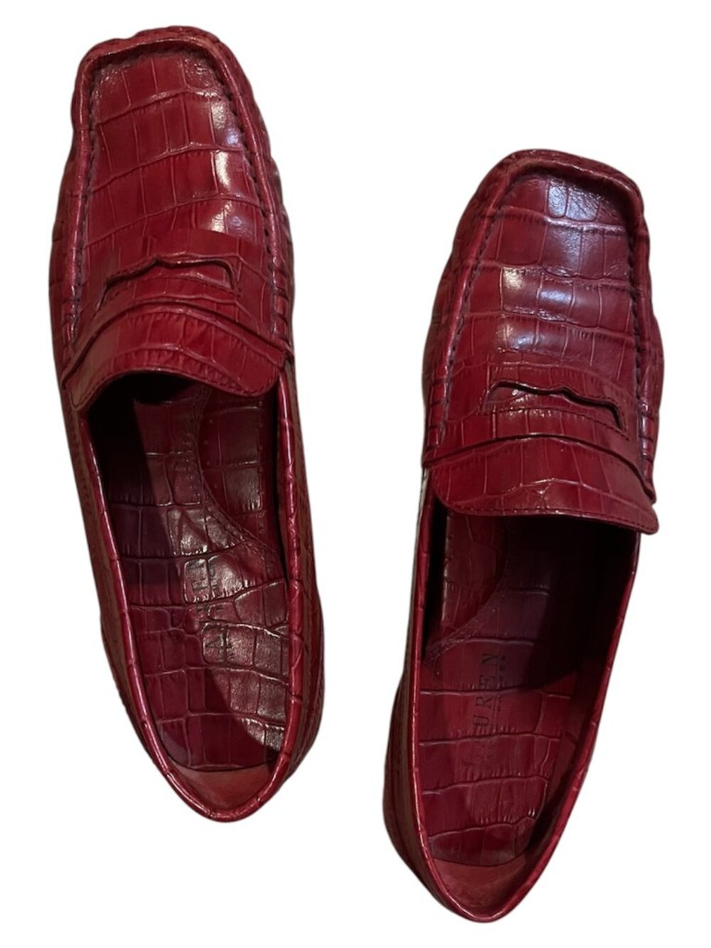 Vintage Ralph Lauren Burgundy Red Croc-Embossed Leather Penny Loafers - Size 8.5